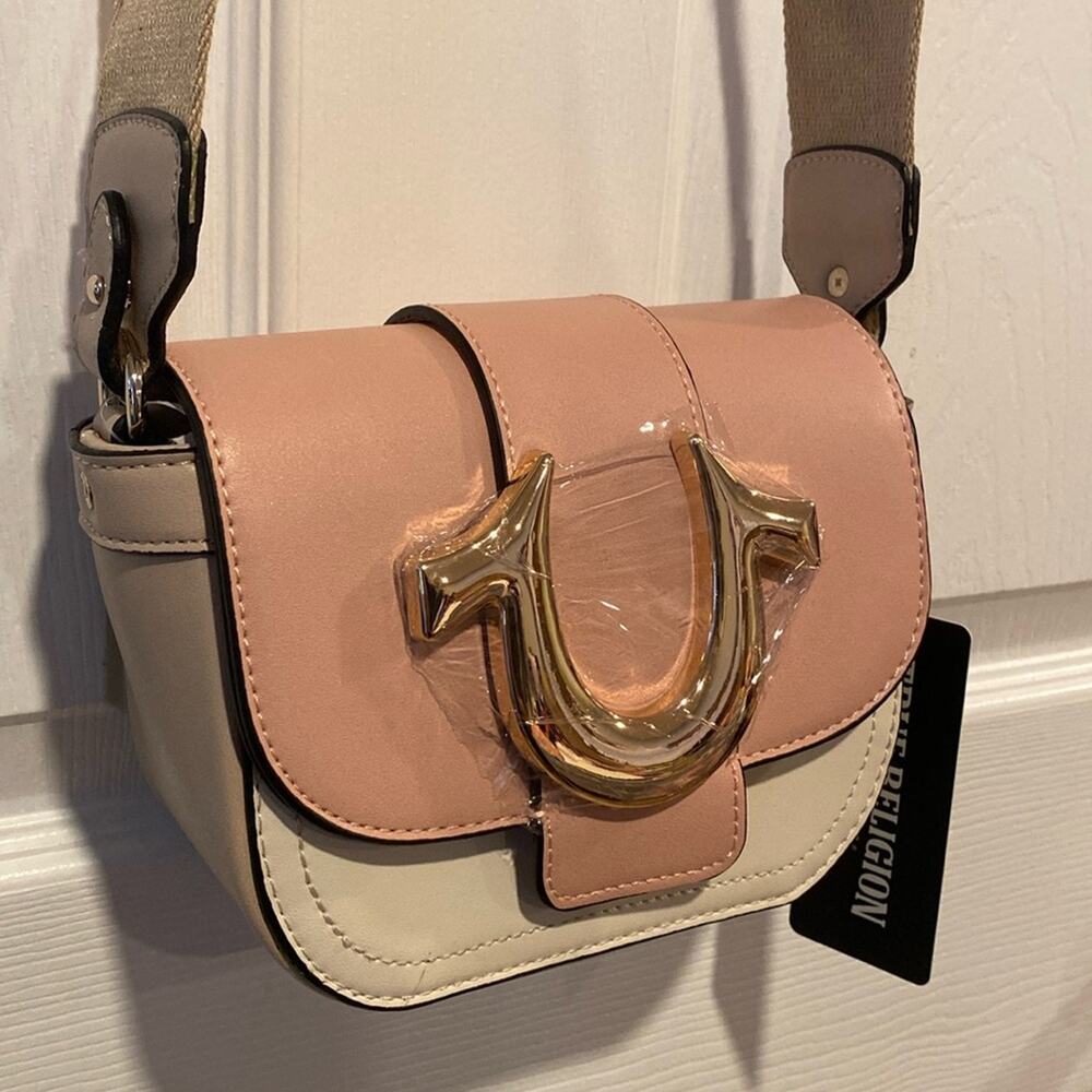 BNWT TRUE RELIGION Small Horseshoe Logo Crossbody Bag in Blush Pink and White